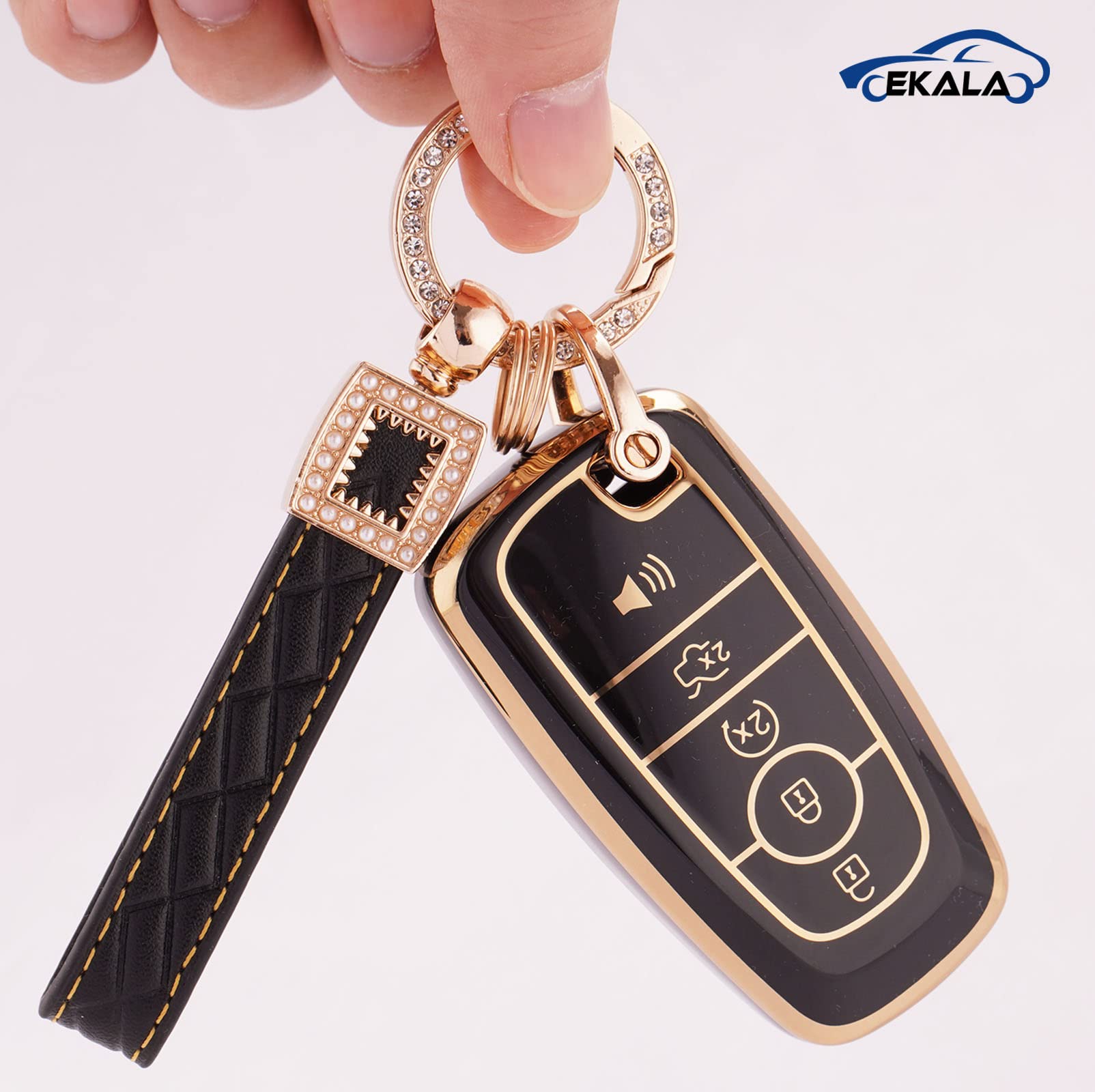 Premium Leather and TPU 5-Button Key Fob Protector with Keychain for Ford F150 Explorer Mustang Fusion Edge Escape Expedition Lincoln Black Gold Smart Remote Cover Case