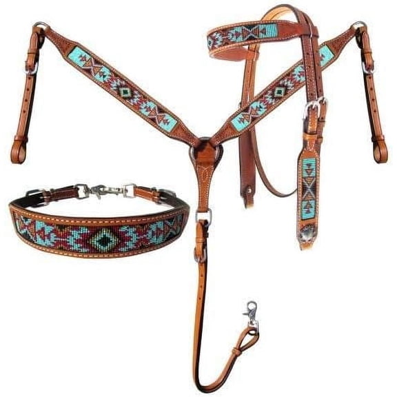 MARTIN ENTERPRISES Western Premium Leather Equestrian Trail Hand Carved Tooled Beaded Headstall, Breast Collar, Reins & Wither Straps Size Full