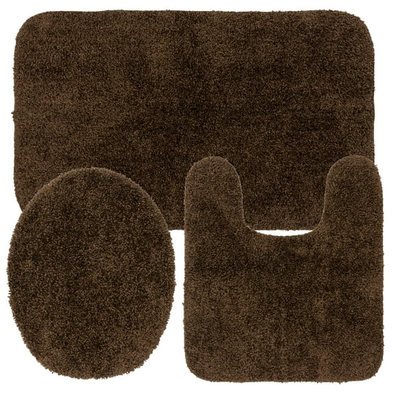 Mainstays Basic Bath Rug 3 Piece Polyester Set, Brown, 19.5x32, Contour, & Lid Cover