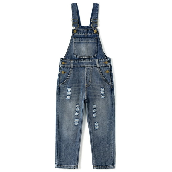 KIDSCOOL SPACE Girls Denim Overalls, Elastic Waistband Inside Washed Ripped Holes Jeans Jumpsuit, 4-5 Years