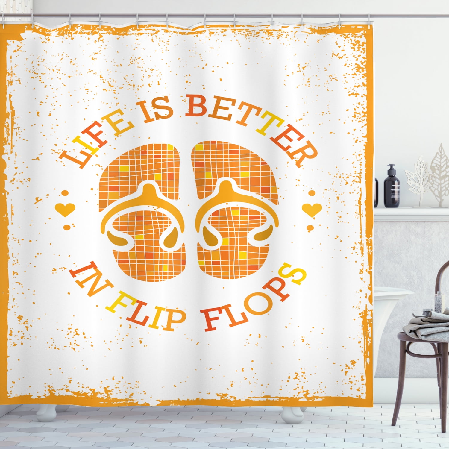 Flip Flop Shower Curtain, Stained Grungy Design of Circular Life is