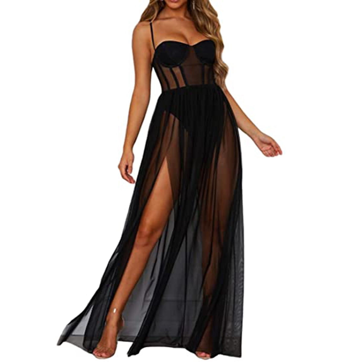 XBTCLXEBCO - XBTCLXEBCO Women Lace Mesh See-through Maxi Dress - Walmart.com - Walmart.com