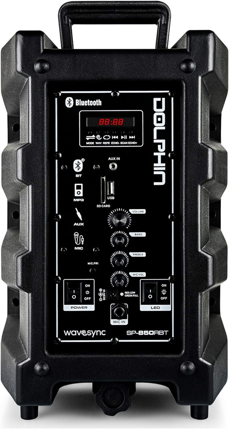 Dolphin SP-850RBT 8-in Portable Bluetooth Party Speaker with Mic, Lights, FM Radio, USB, Rechargeable Battery