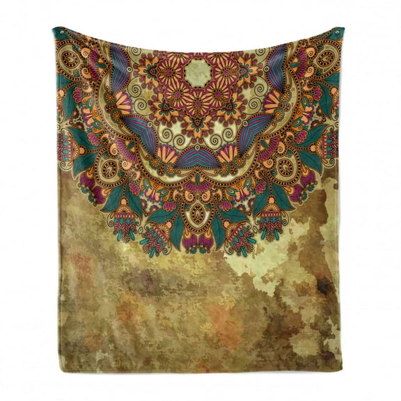 Grunge Soft Flannel Fleece Throw Blanket, Paisley Like Mandala Motif with Flowers Leaves and Buds Image, Cozy Plush for Indoor and Outdoor Use, 70" x 90", Multicolor, by Ambesonne