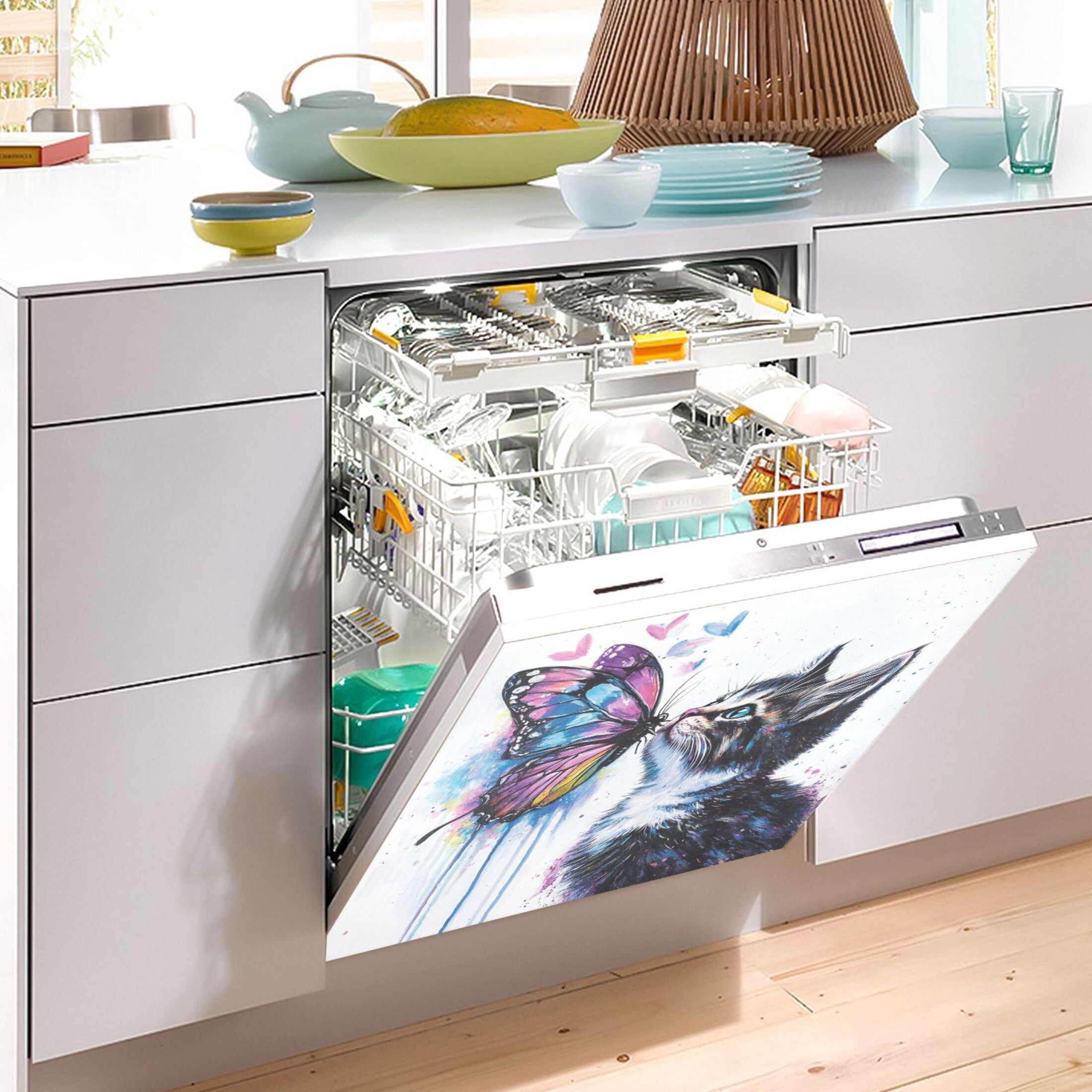 Dishwasher Magnetic Sticker 23x26 Inch Refrigerator Magnetic Sticker Washing Machine Magnetic Sticker Kitchen Panel Magnetic Sticker Home Decor Colorful Cat Butterfly