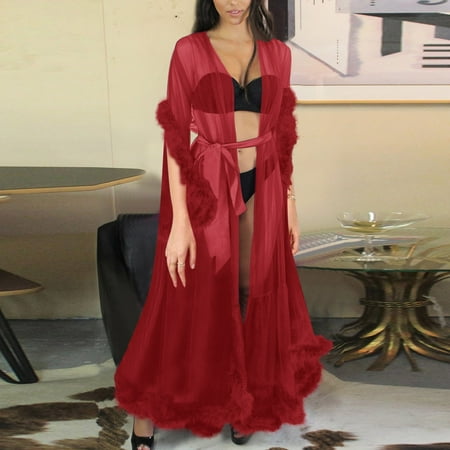 

miaomiaoke Fun Women Fashion Tulle Robe Long Lingerie Nightgown Bathrobe Sleepwear Feather Bridal Robe Lace Lingerie Elegant Fashion