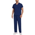 thumbnail image 2 of Men's V-Neck Cargo Scrubs 120D 4 Way Stretch Matching Top and Cargo Pants Set 7 Pockets Elastic Drawcord Waistband in Healthcare Navy L, 2 of 7