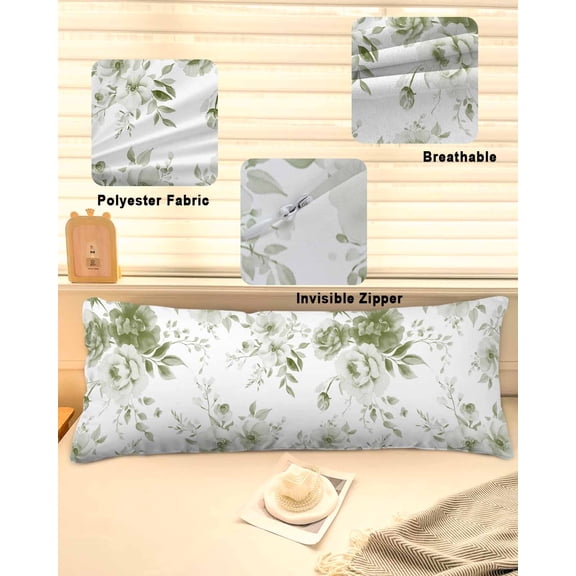 Sage Green Flower Throw Pillow Covers, Watercolor Gradient Retro Floral Soft Breathable Pillow Cases with Invisible Zipper for Sleeping, Long Body Pillowcases for Couch Bed Sofa Chair 20x54 Inches