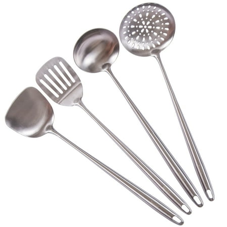 

17Inch Wok Spatula And Ladle Skimmer Spoon Slotted Spatula - 304 Stainless Steel Kitchen Utensils Set 4-Pieces All Metal Extra Long Handle Cooking Tools Chinese Wok Utensils And Wok Acce