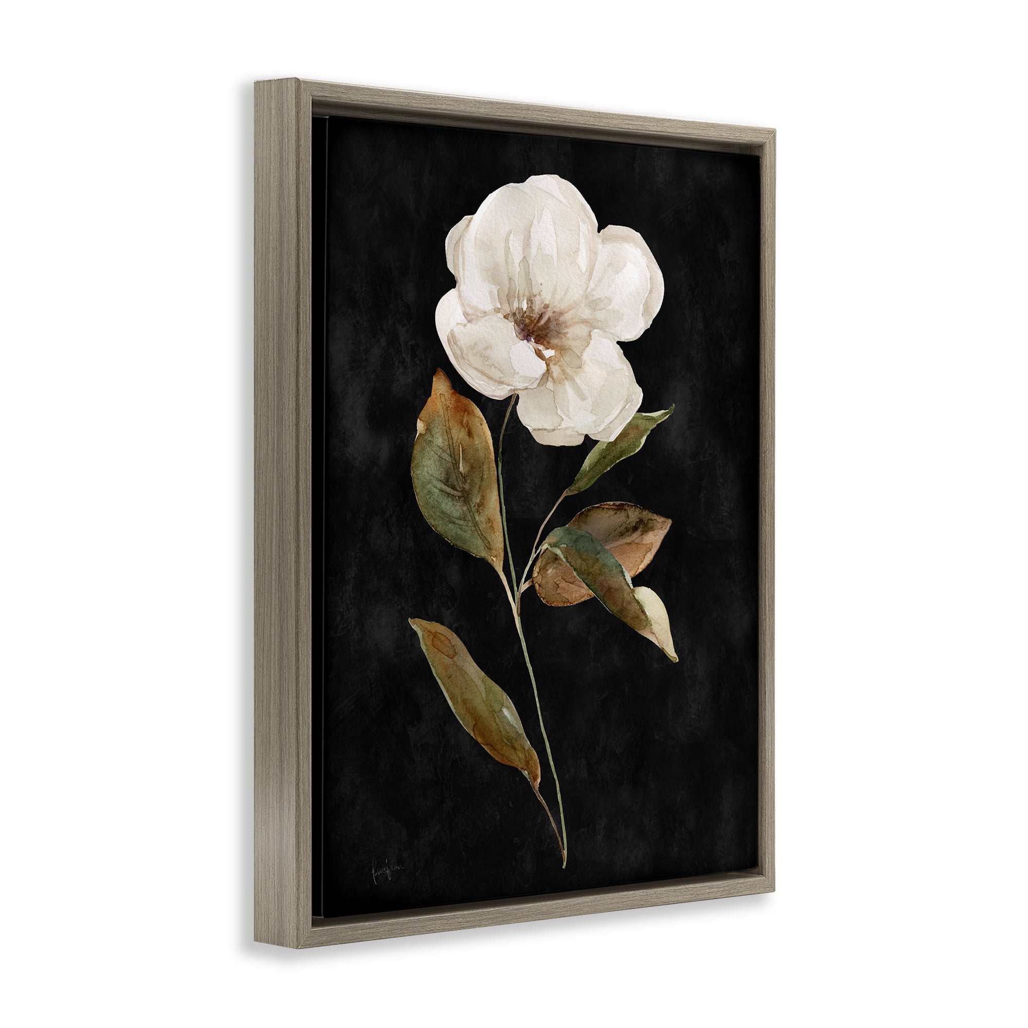 Stupell Industries White Bloom on Black Plants & Flowers Painting Brown Floater Framed Canvas Art Print Wall Art, 17 x 21
