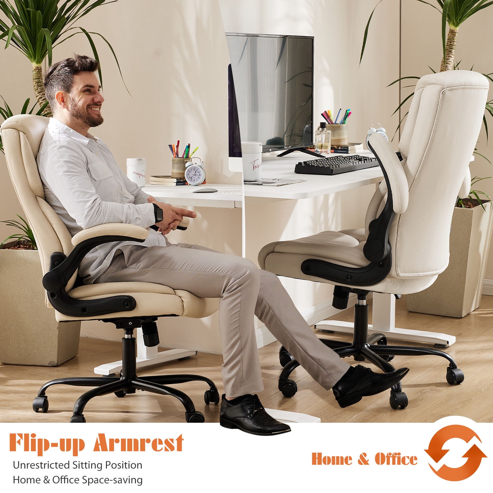 Yoyomax Office Chair, Ergonomic Executive Computer Desk Chairs with Adjustable Flip-up Armrest, Swivel Task Chair with Lumbar Support, Strong Metal Base, PU Leather