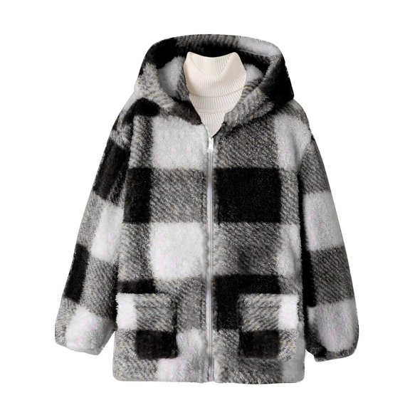 SEAOPEN Fuzzy Sherpa Jacket Women Plaid Button Down Fuzzy Shirt Jackets Comfy Fluffy Sweater Outerwear Winter Coats Today Black,9 Years