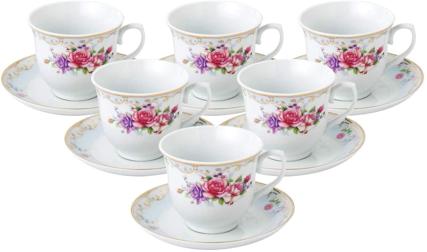 12 Piece Tea Mug /& Plate Set With Stand Tree Rose Pink Floral Design Porcelain