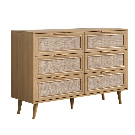 Polihome Mid-Century Rattan 6 Drawer Dresser, 47"W Wooden Dressers & Chest with Storage for Bedroom/Living Room/Entry Way