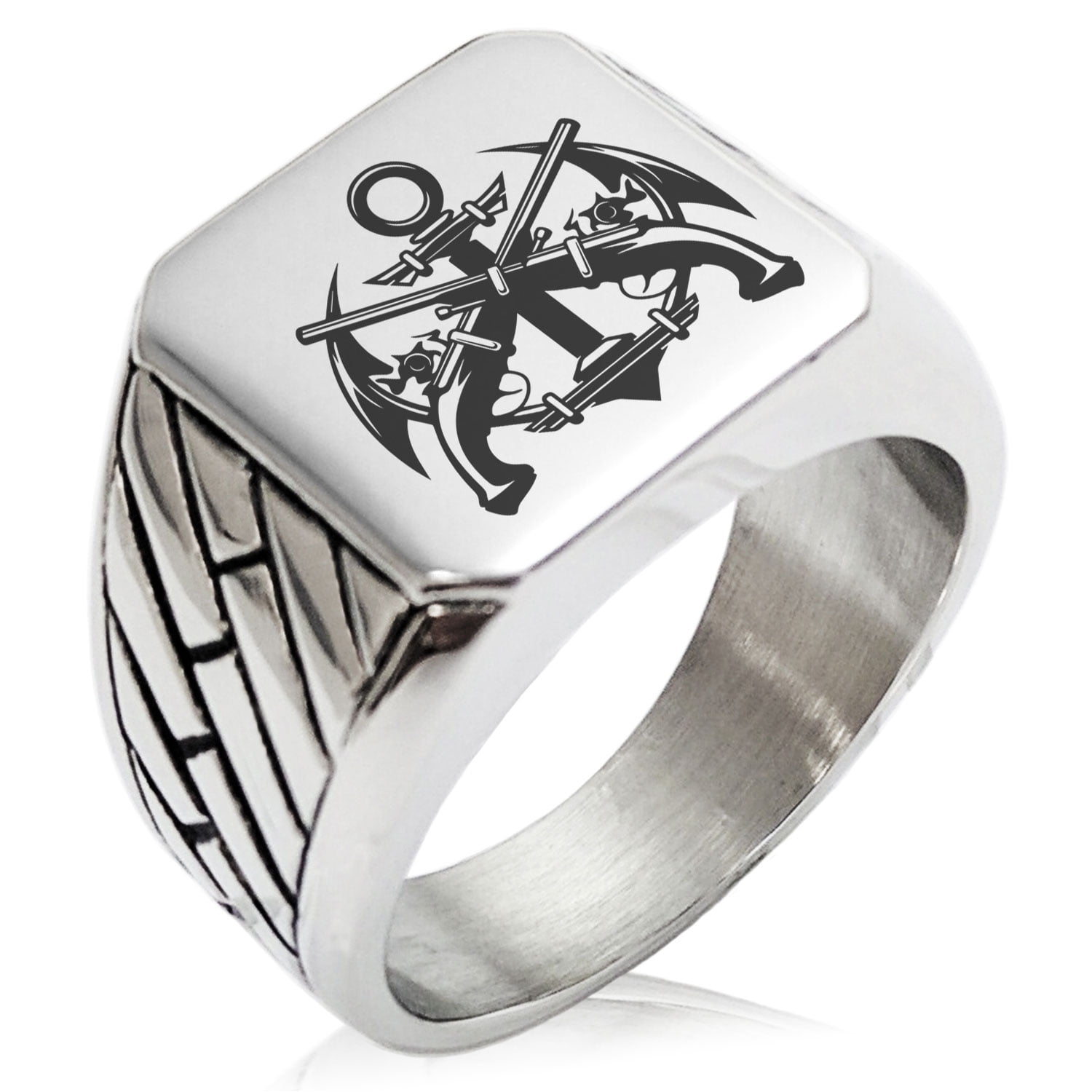 Tioneer Stainless Steel Pirate Anchor /& Pistols Emblem Chevron Pattern Biker Style Polished Ring