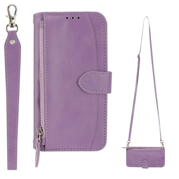 Case for Google Pixel 7 Pro, PU Leather Wallet Folio Flip Case Zipper Pocket Card Holder Slots Magnetic Buckle Shockproof Protective Case with Crossbody & Wrist Strap for Google Pixel 7 Pro,Purple