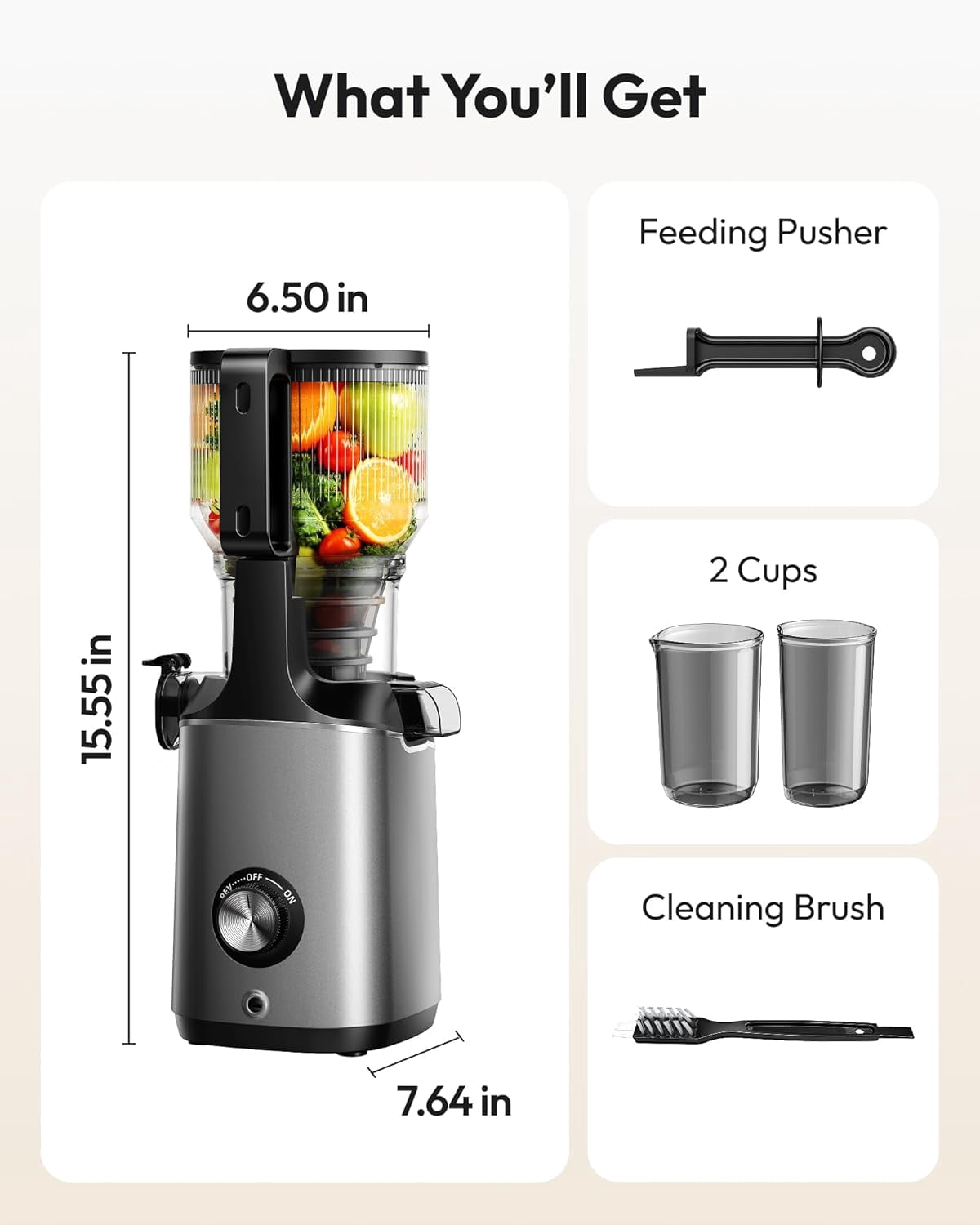 Cold Press Juicer Machines, 5.8" Wide Feed Chute, Slow Masticating Juicer for Whole Vegetables and Fruits, 99.6% High Juice Yield, Easy to clean, Juicer Machines with