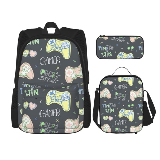 Disketp Gamers Mochila Estampada de Gran Capacidad con Lonchera y Estuche, Set de 3 Piezas para Estudiantes