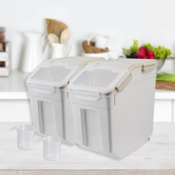 2 Pack 50lb Airtight Grain Storage Containers with Spoon and Cup - Grey Plastic Pet Food Bin for Rice Flour Dog Cat
