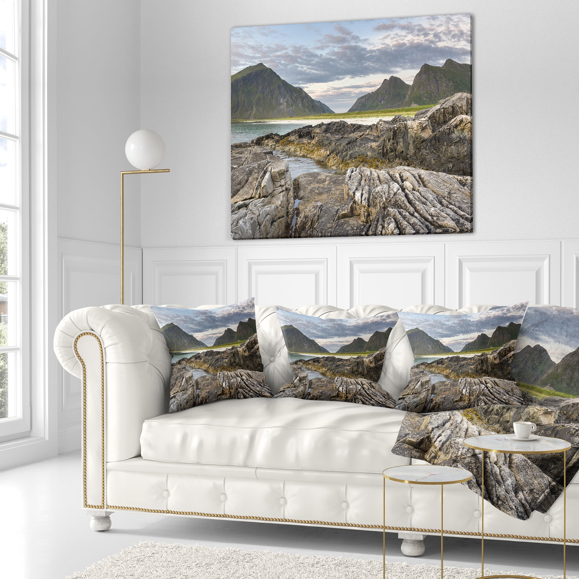 Designart Rocky Coastline on Lofoten - Landscape Photography Throw Pillow - 18x18
