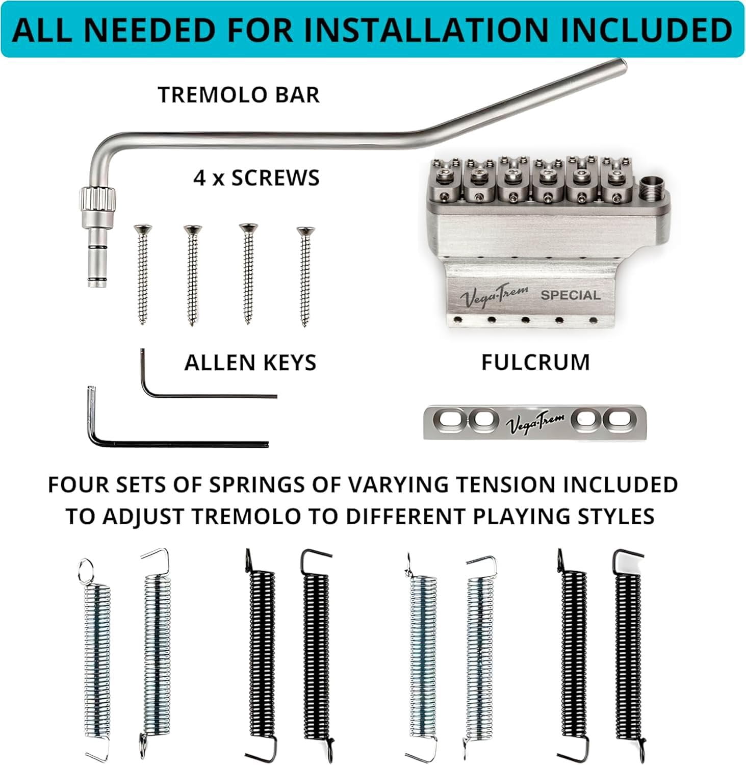 Vega-Trem VT1 Special Standard 6-Screw Stratocaster Guitar Tremolo Bridge For Strat No Mods Easy Installation Satin, Right