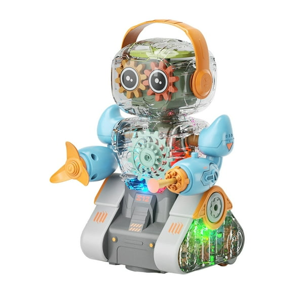 Transparent Gear Robot with LED Lights & Music - Transformable Walking Toy for STEM Learning, Universal Wheels Ages 3+
