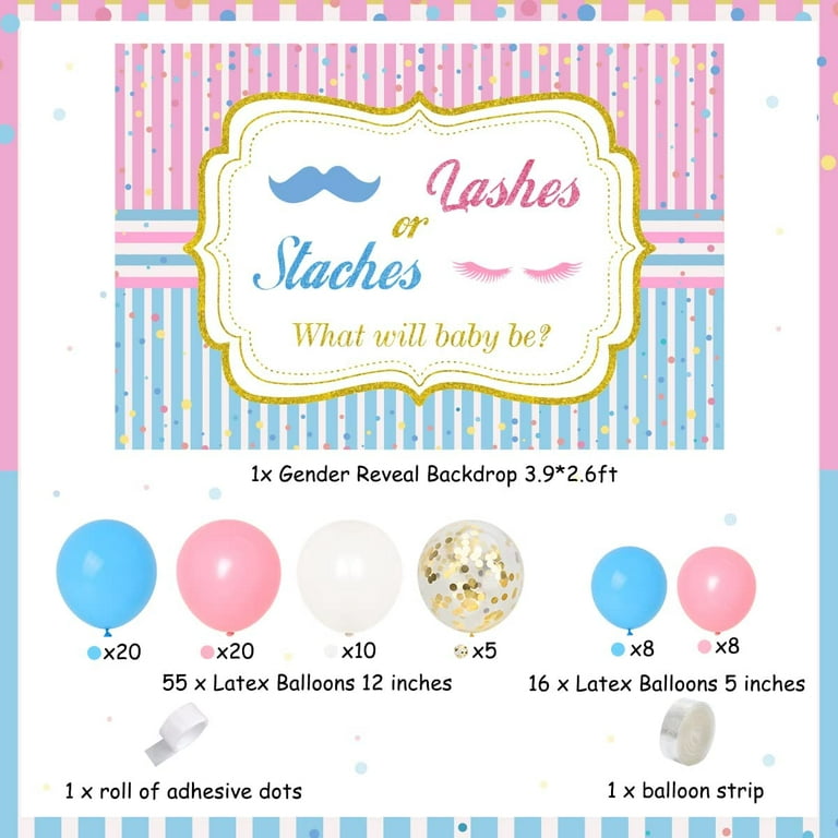 Staches or Lashes Gender Reveal Party Decorations, Pink Blue Backdrop  Balloon Garland Kit Staches or Lashes Backdrop, for Newborn Baby Shower Party  Decorations Supplies 