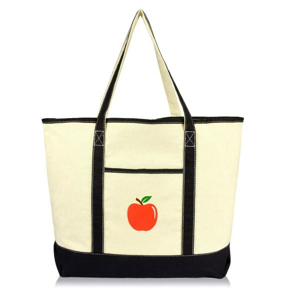 DALIX Apple Tote Hand Bag Reusable Grocery Natural Canvas Fruits in Black