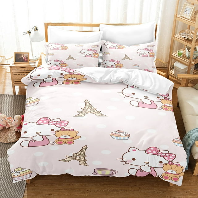 Ensemble de Literie Mignon Dessin Animé Hello Kitty Amour Taie d'Oreiller Anime Literie Imprimée 3D Housse de Couette Bébé Enfants RJ