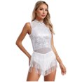 thumbnail image 3 of iiniim Women Sleeveless Glitter Sequin Latin Dance Dress Leotard Flowy Tassel Fringed Performance White S, 3 of 7