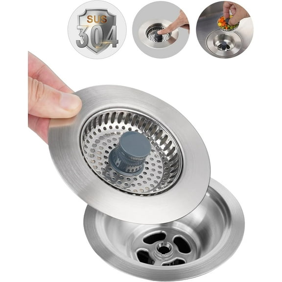 Universal 3 in 1 Metal Kitchen Sink Drain Strainer, Upgraded Stainless Steel Drain Stopper Combo, Pop Up Sink Stopper, SUS304 Anti-Clogging