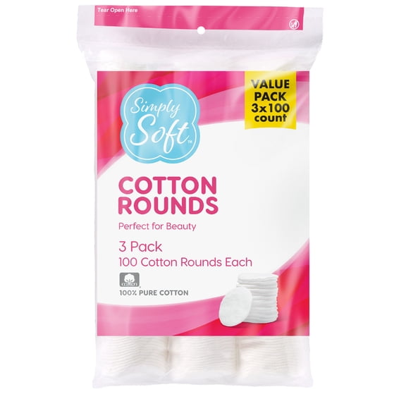 Simply Soft Cotton Rounds (300 Count), 100% Cotton Absorbent and Textured Cotton Pads, Lint-Free