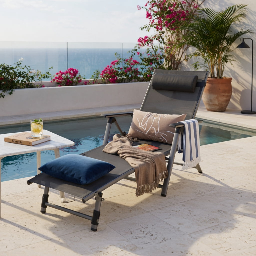 Hommoo Outdoor Aluminum Chaise Lounge Chair, 8-Position Adjustable Recliner with Quick-Dry Mesh Fabric, Foldable & Rust-Resistant for Patio, Poolside or Backyard, Gray