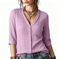thumbnail image 6 of Women Solid Textured V Neck Button Up Shirt, Three-Quarter Rolled Sleeve Casual Blouse Top With Chest Pocket, Lightweight Breathable Summer Daily Wear Shirts, 6 of 9