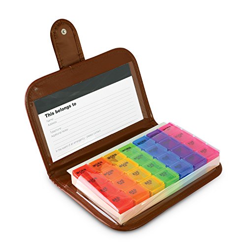 KOVOT Pill Organizer Wallet, Brown, Leather Travel Case and Portable Pill Box Tray