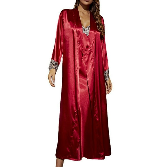 HJYCHN Elegant Women's Long Satin Nightgown and Robe Two Piece Loungewear Set Comfortable Sleepwear for Cozy Evenings Red M