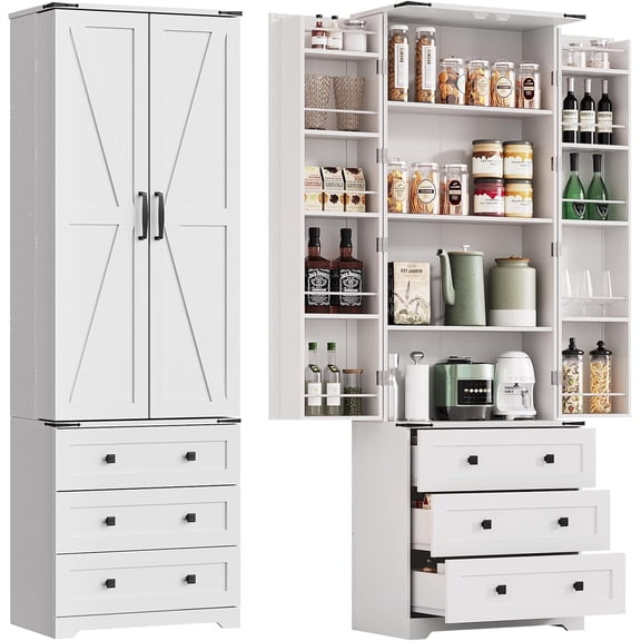 72In Tall Farmhouse Kitchen Pantry Cabinet with Barn Doors 3 Drawers and Adjustable Shelves White