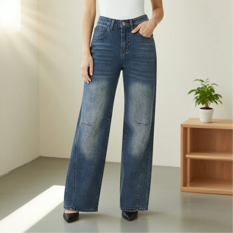 HXWCHs Women's Distressed Jeans Stylish Ripped Details Wide Leg