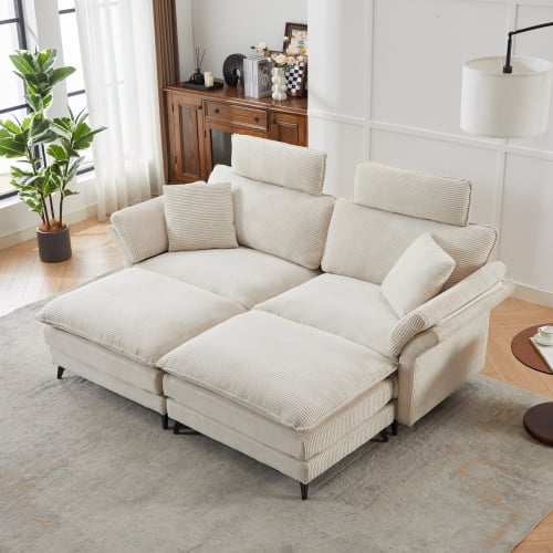 Deep Seat Sectional Sofa, Comfortable Cloud Sofa with Ottomans, loveseat Sofa, 85.8''Modern Corduroy Upholstered Sectional Sofa for Living Room, Apartment, Studio, Office (Beige).