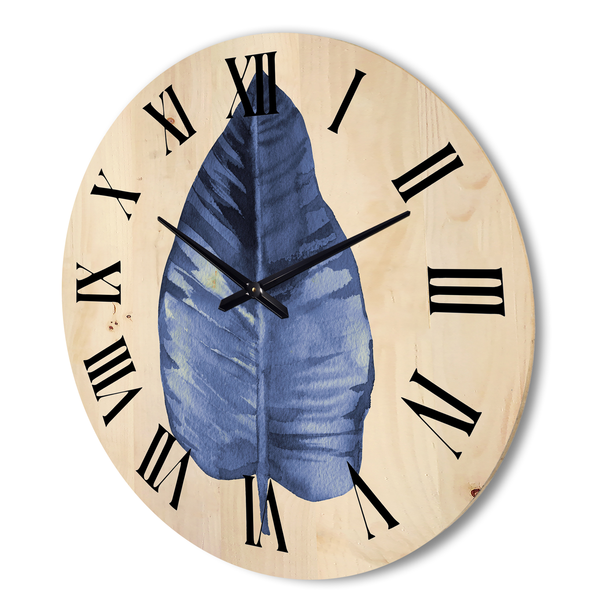 Designart 'Blue Leaf Watercolour On White Background' Traditional Wood Wall Clock