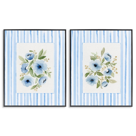 Stupell Industries Blue Flowers with Stripe Border 2 Piece Black Framed Giclee Art Set, design by Leah Noel Art