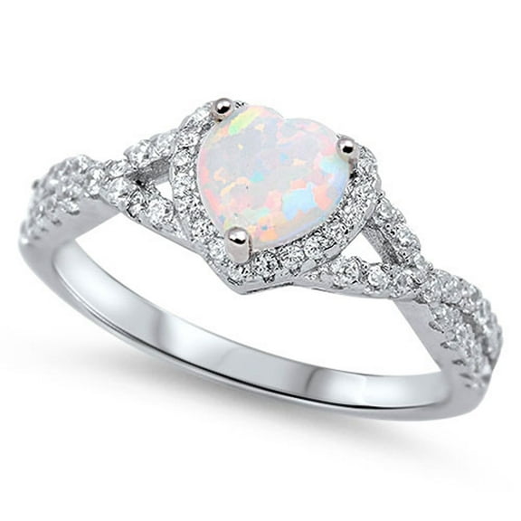 Men Women Sterling Silver Simulated Heart Opal Solitaire Engagement Ring 8MM ( Size 4 to 12 )
