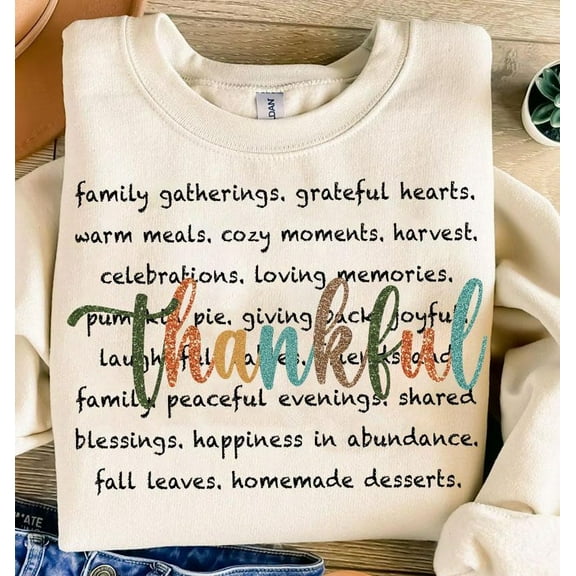 Retro Thankful Thanksgiving Sweater, Glitter Fall Autumn Thankful Sweatshirt
