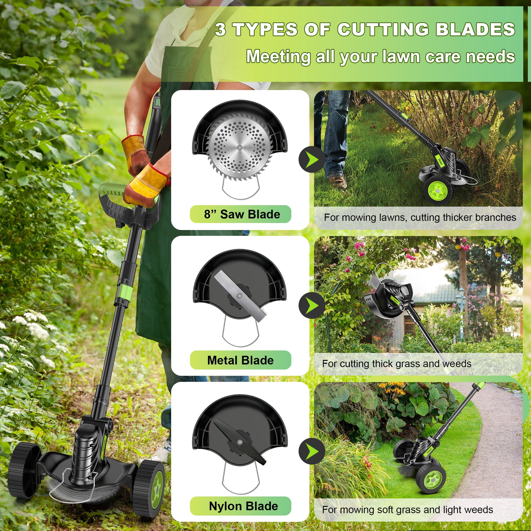 Gisam Cordless Grass Trimmer, Battery Operated Weed Wacker with Wheels , Brushless Motor ,2 *2.0Ah Battery & 8 Cutting Blade
