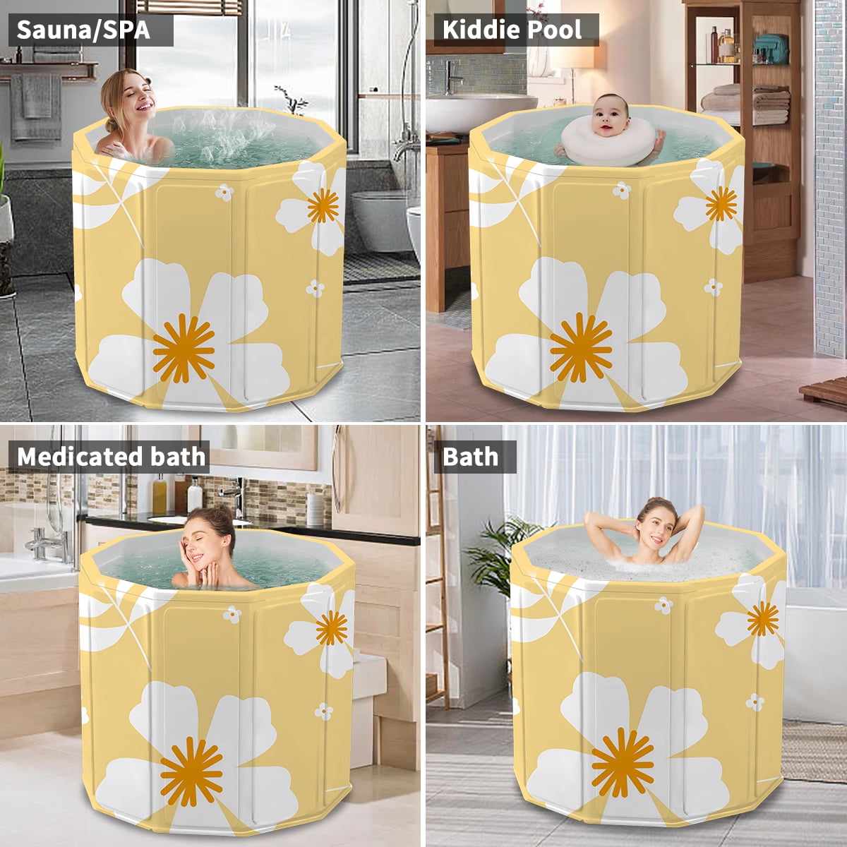 SLLINGLUO Foldable Bathtub for Adult Kids, No-Installation Portable Bath tub for Baby Swimming Bathing Sauna Soaking Tub, Yellow Flowers