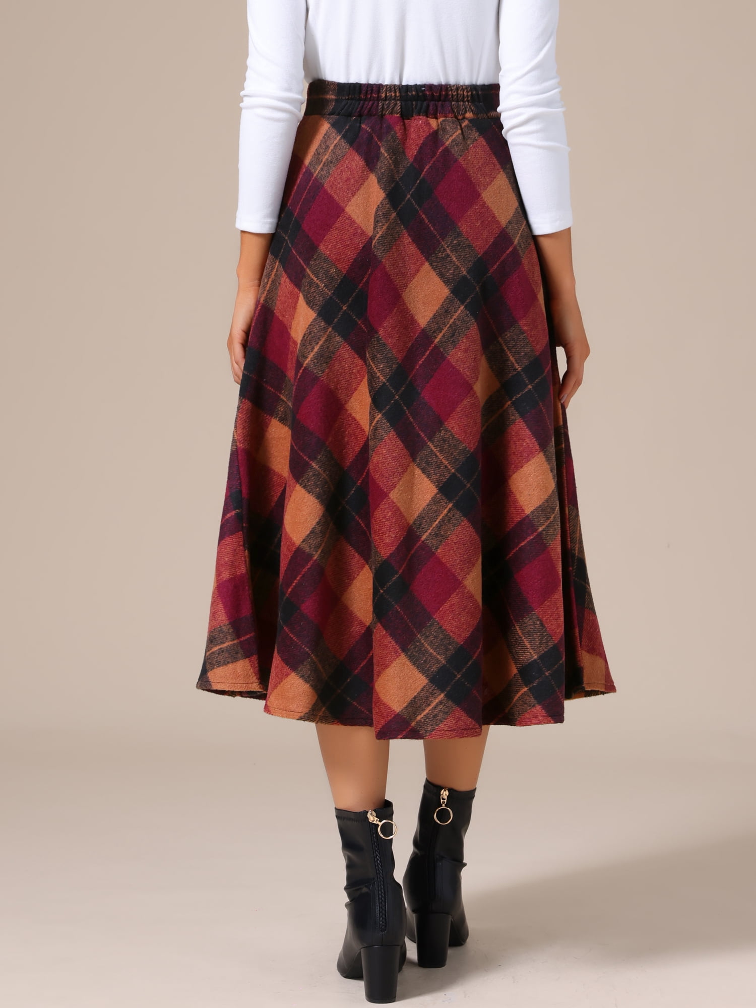 DARING DIVA Women's Vintage Plaid A-Line Work Long Maxi Skirt X-Small Brown Red
