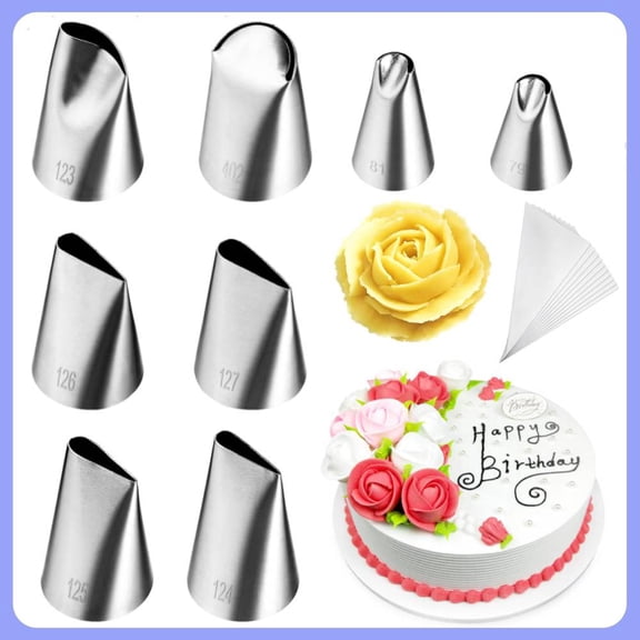 8 Pcs Rose Flower Piping Tips Set,Petal Icing Tips, 10Pcs Disposable Piping Bags for Cake Decorating