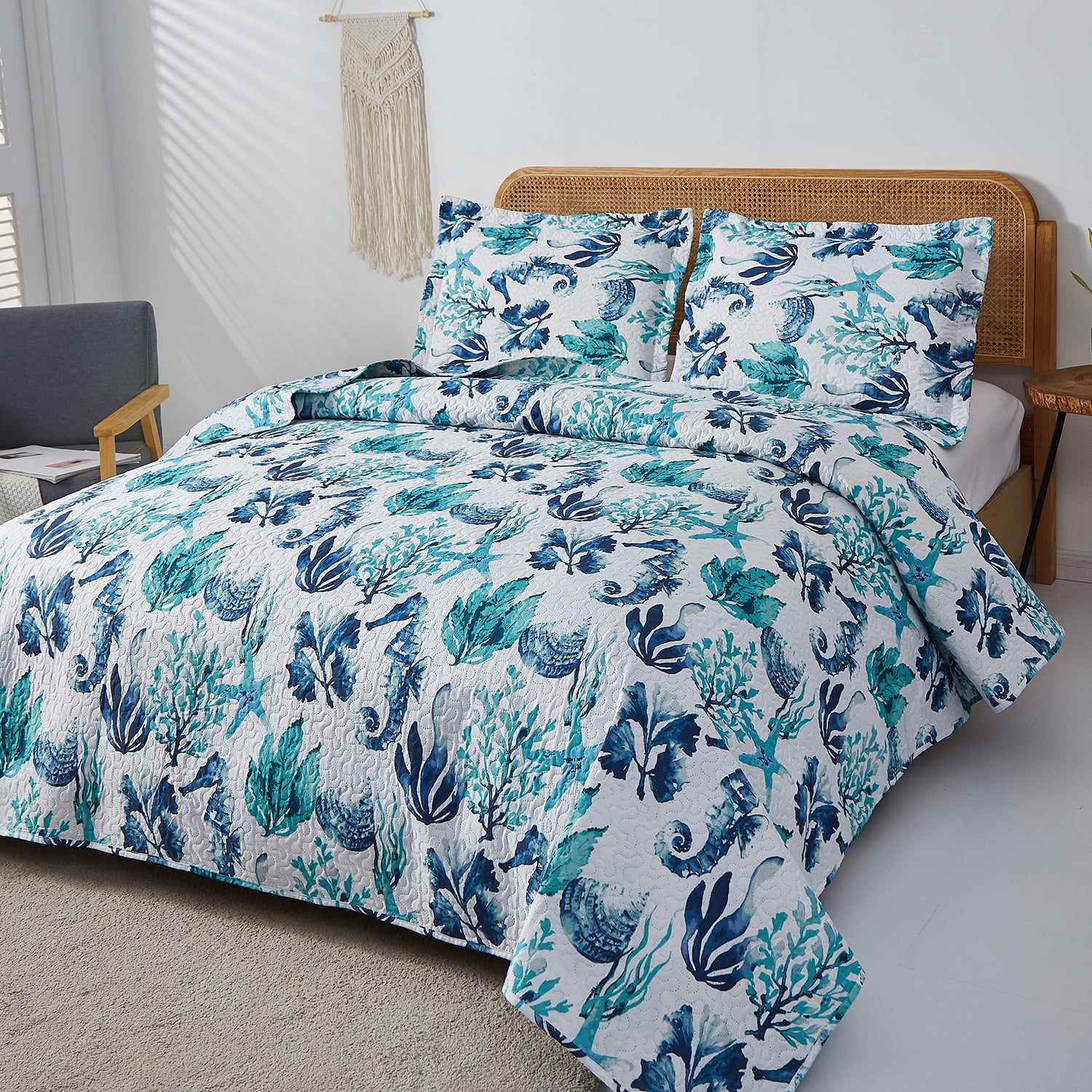 Smuge 3Pcs Twin Size Seashell Bedding,Soft Lightweight Microfiber Bedding Bedspreads Reversible Coverlet, 1 Quilt & 2 Pillow Shams (Blue)