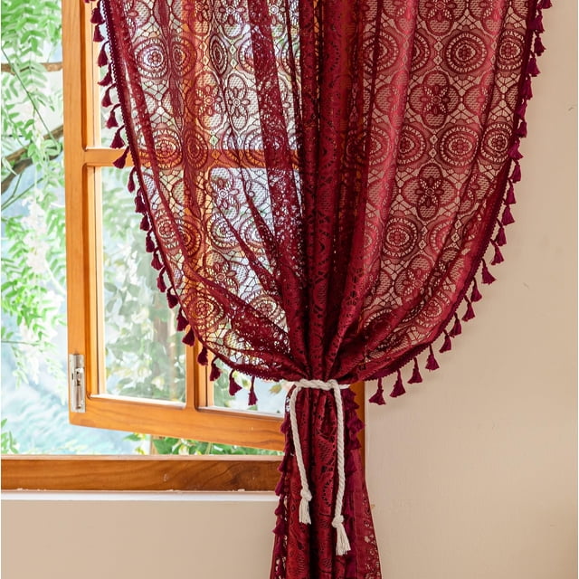 Cortinas YJ YANJUN de encaje burdeos, 150 x 213 cm, diseño floral victoriano