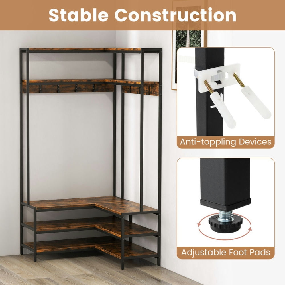 Kadyn Wardrobe Storage Shelves, Closet Garment Rack, Corner Garment Rack with Open Shelves and 7 Hooks Shoe Bench-Rustic Brown